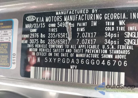 2016 Kia Sorento 2.4L Lx from USA, damaged, VIN 5XYPGDA36GG046706